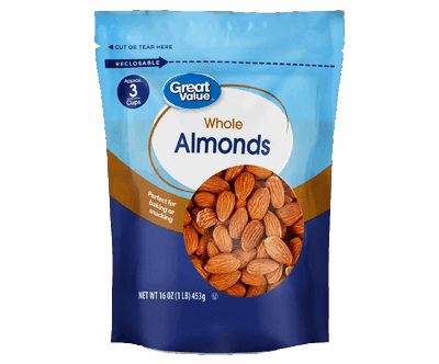 Whole Almonds Great Value For Health, 16 oz, Re-Closable Pouch